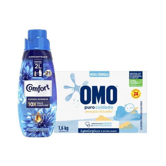 Amaciante Comfort Concentrado Óleo de Argan 500ml + Sabão em Pó OMO Puro Cuidado 1,6kg - e - dona