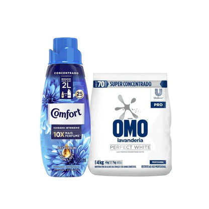 Amaciante Comfort Óleo de Argan 500ml + Sabão em Pó OMO Perfect White 4kg - e - dona