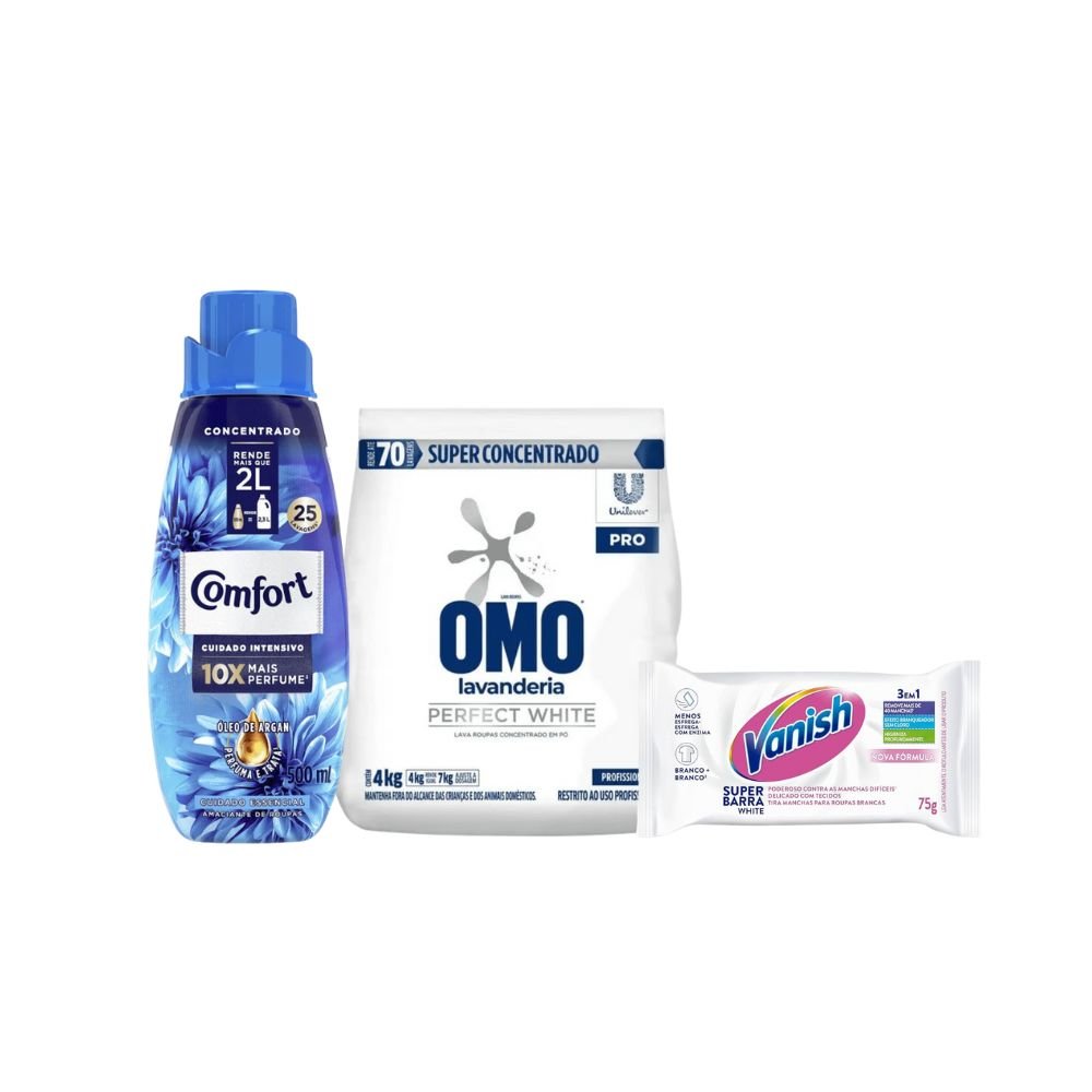 Amaciante Comfort Óleo de Argan 500ml + Sabão em Pó OMO Perfect White 4kg + Alvejante Vanish Barra White 75g - e - dona