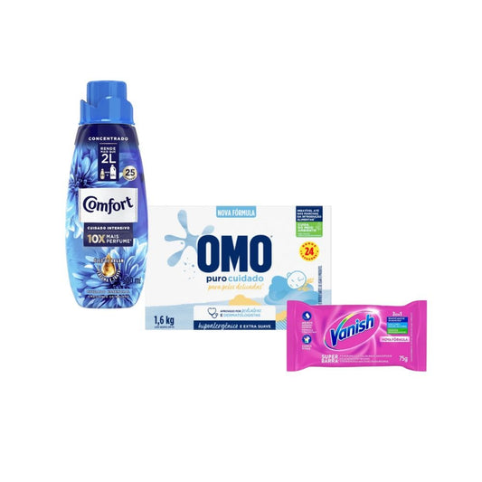 Amaciante Comfort Óleo de Argan 500ml + Sabão em Pó OMO Puro Cuidado 1,6kg + Alvejante Vanish Barra 75g - e - dona