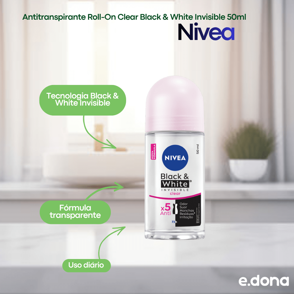 Antitranspirante Roll - On Clear Black & White Invisible 50ml Nivea - e - dona