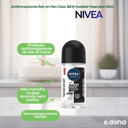 Antitranspirante Roll - on NIVEA Men Clear B&W Invisible Masculino 50ml - e - dona