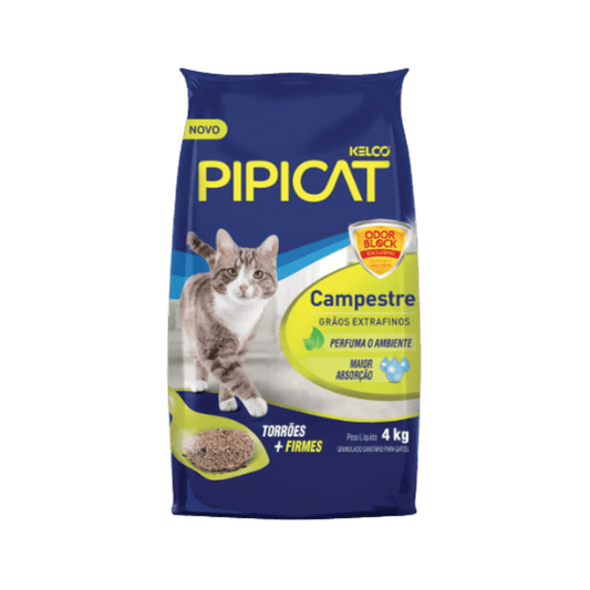 Saco de 4 kg de granulado sanitário (areia higiênica) para gatos, da linha Pipicat Campestre (Kelco). A embalagem é azul marinho e mostra um gato malhado cinza e branco. O produto é da linha "Campestre - Grãos extrafinos" e apresenta selos de "ODOR BLOCK EXCLUSIVO", "TORRÕES + FIRMES", "MAIOR ABSORÇÃO" e a promessa de "PERFUMA O AMBIENTE". Uma pá com areia aglomerada (torrões) aparece na parte inferior esquerda. O peso líquido de 4 kg está destacado.