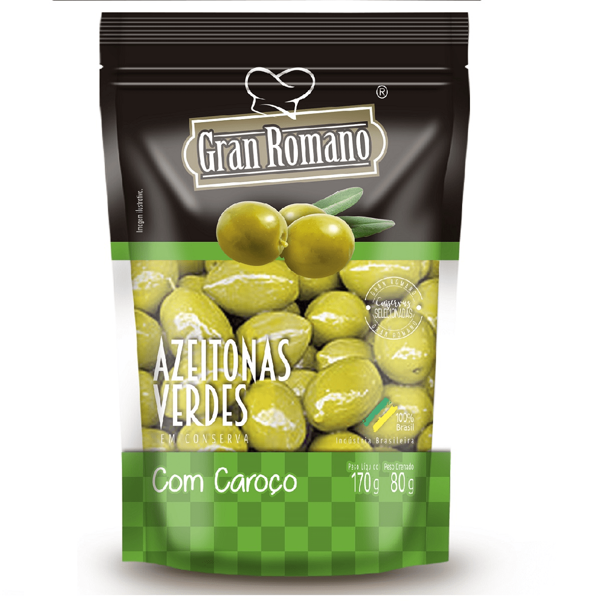 Pacote preto e verde de Azeitonas Verdes 'Gran Romano' com caroço, em conserva. A imagem principal mostra azeitonas verdes inteiras e a embalagem indica que é um produto 100% brasileiro, com peso líquido de 170g e peso drenado de 80g.