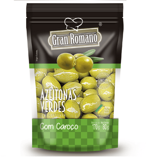 Pacote preto e verde de Azeitonas Verdes 'Gran Romano' com caroço, em conserva. A imagem principal mostra azeitonas verdes inteiras e a embalagem indica que é um produto 100% brasileiro, com peso líquido de 170g e peso drenado de 80g.