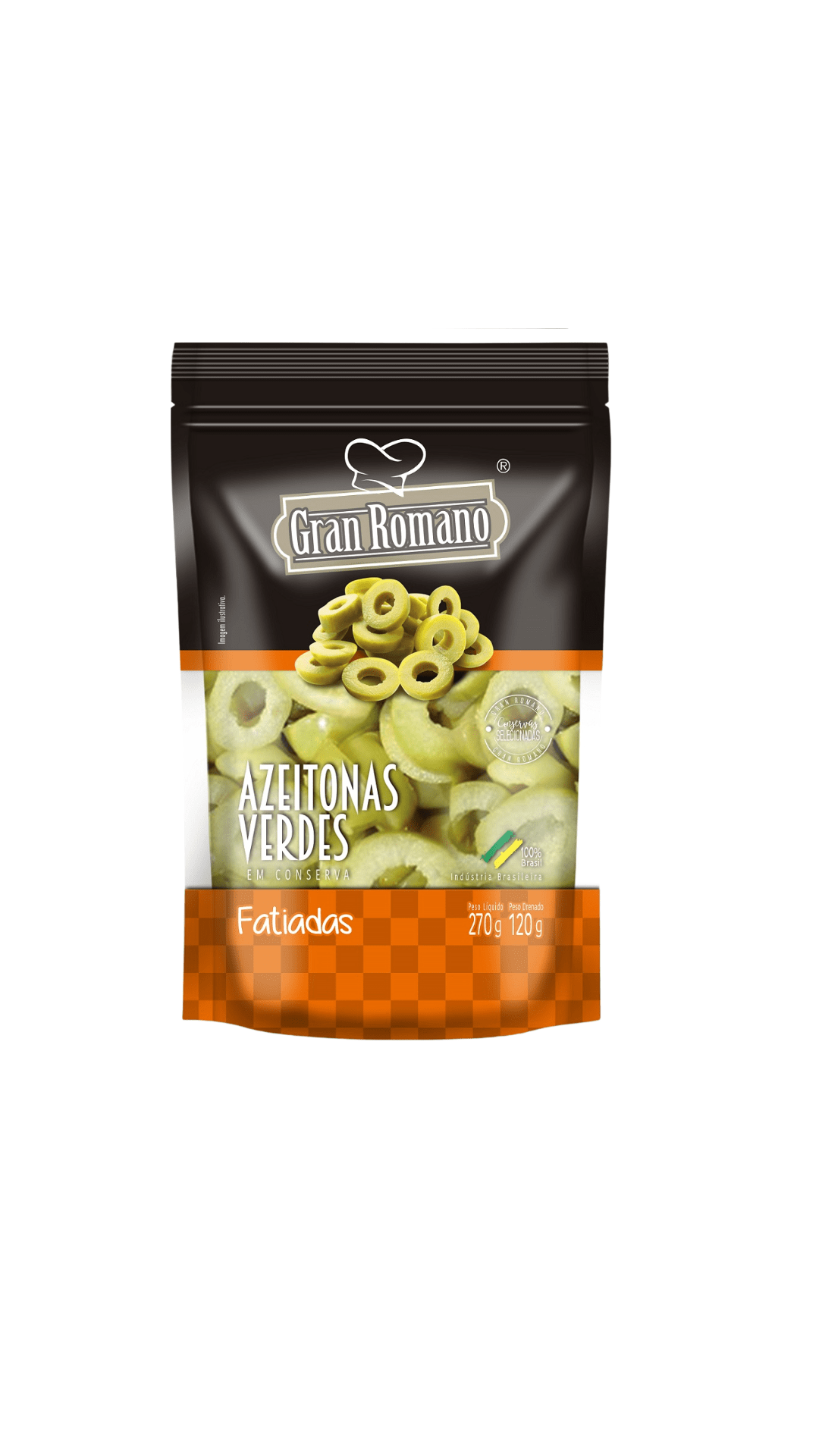 Pacote preto e laranja de Azeitonas Verdes Fatiadas 'Gran Romano' em conserva. A imagem principal mostra as azeitonas fatiadas em anéis, e a embalagem indica que é um produto 100% brasileiro, com peso líquido de 130g e peso drenado de 60g.