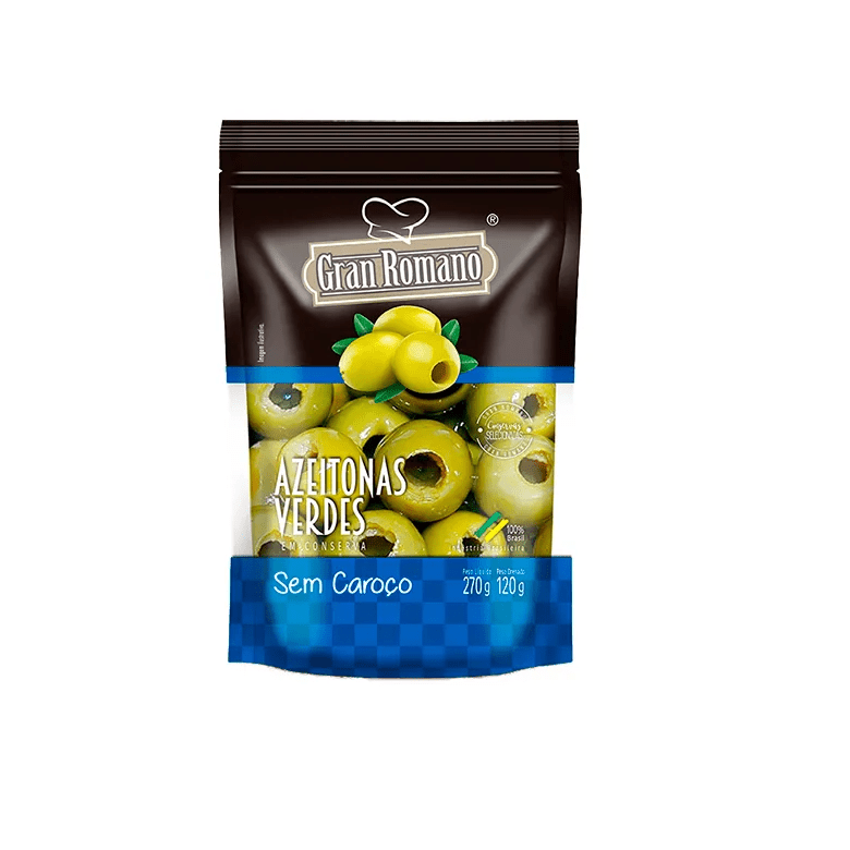 Pacote preto e azul escuro de Azeitonas Verdes 'Gran Romano' sem caroço, em conserva. A imagem principal mostra as azeitonas com o orifício central de onde o caroço foi removido, e a embalagem indica que é um produto 100% brasileiro, com peso líquido de 270g e peso drenado de 120g.