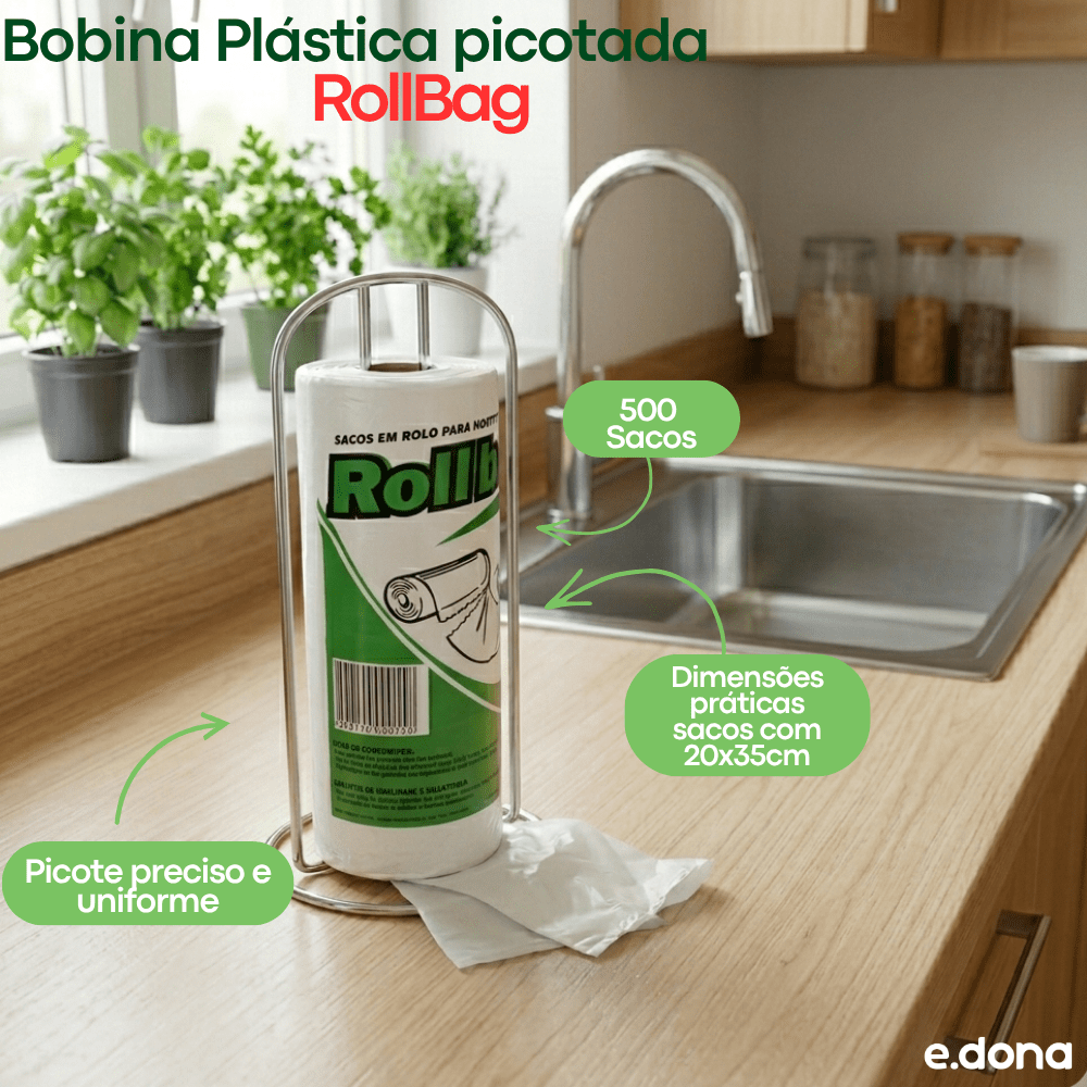 Bobina Plástica Picotada 20x35cm RollBag com 500 Sacos - e - dona