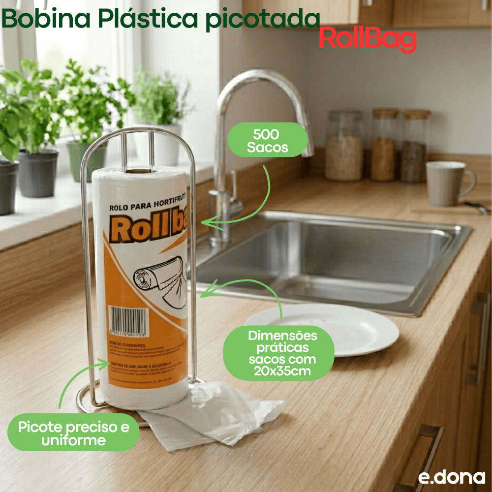 Bobina Plástica picotada 25x35cm RollBag com 500 sacos - e - dona