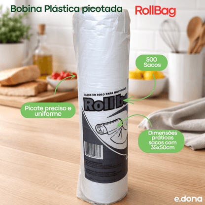Bobina Plástica picotada 35x50cm RollBag com 500 sacos - e - dona