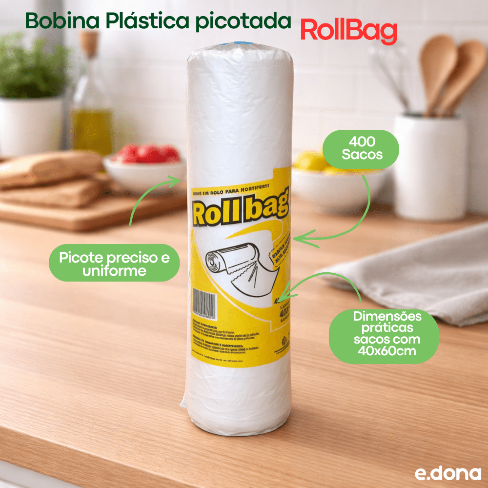 Bobina Plástica Picotada 40x60cm RollBag com 400 Sacos - e - dona