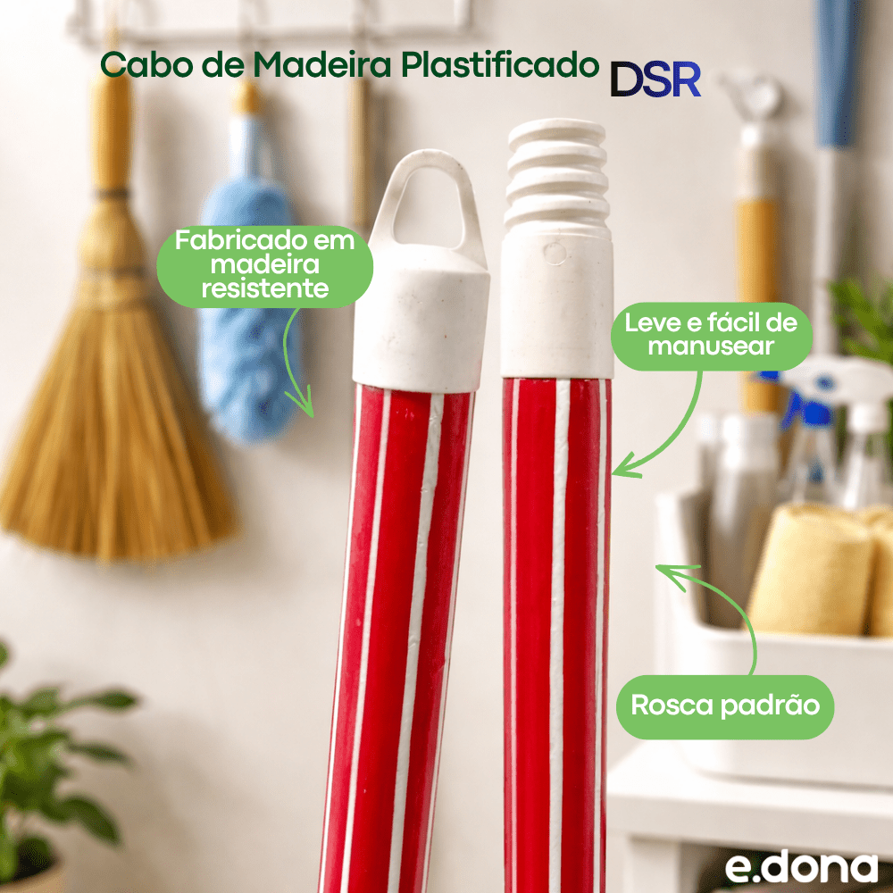 Cabo de Madeira Plastificado 1,50m para Vassouras e Rodos com Rosca DSR - e - dona