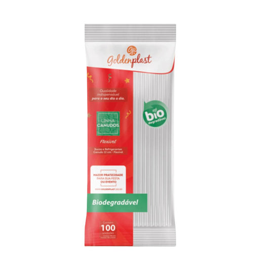 Canudo Biodegradável Flexível Transparente em sachê Goldenplast com 100 unidades - e - dona