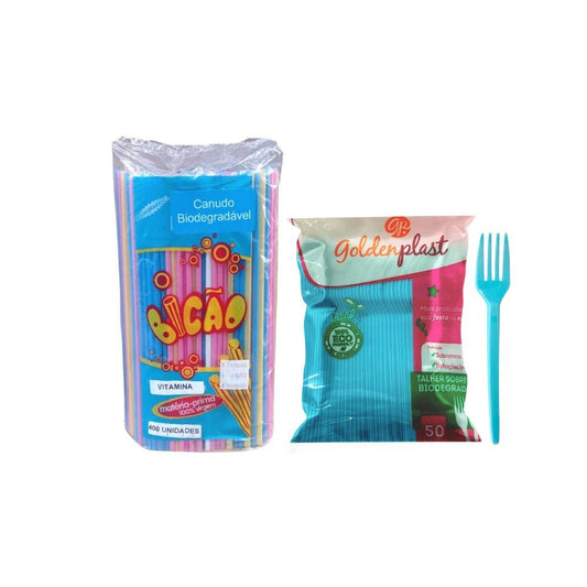 Canudo Vitamina Bicão Colorido + Garfo Sobremesa Azul Goldenplast - e - dona