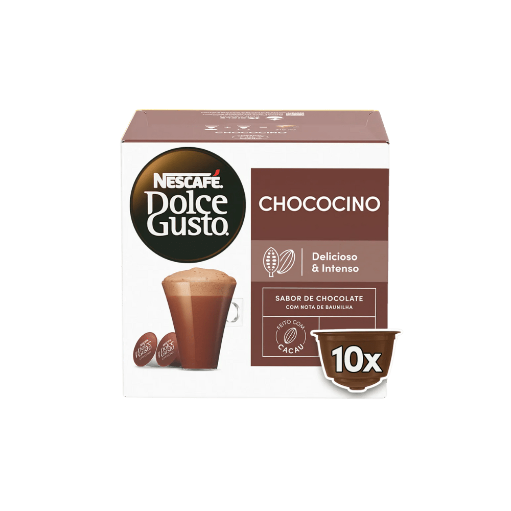 Caixa de cápsulas Nescafé Dolce Gusto, sabor Chococino. A embalagem é predominantemente branca e marrom escura e exibe a imagem de uma xícara transparente com a bebida de chocolate fumegante e algumas cápsulas ao lado. A embalagem destaca o sabor de chocolate com nota de baunilha, feito com cacau, e um símbolo na parte inferior indicando o conteúdo de 10 cápsulas (10x).