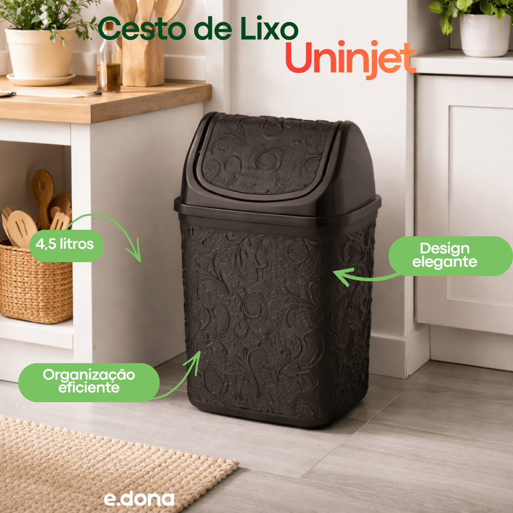 Cesto de Lixo Uninjet Renda Floral Basculante 4,5 Litros Preto - e - dona