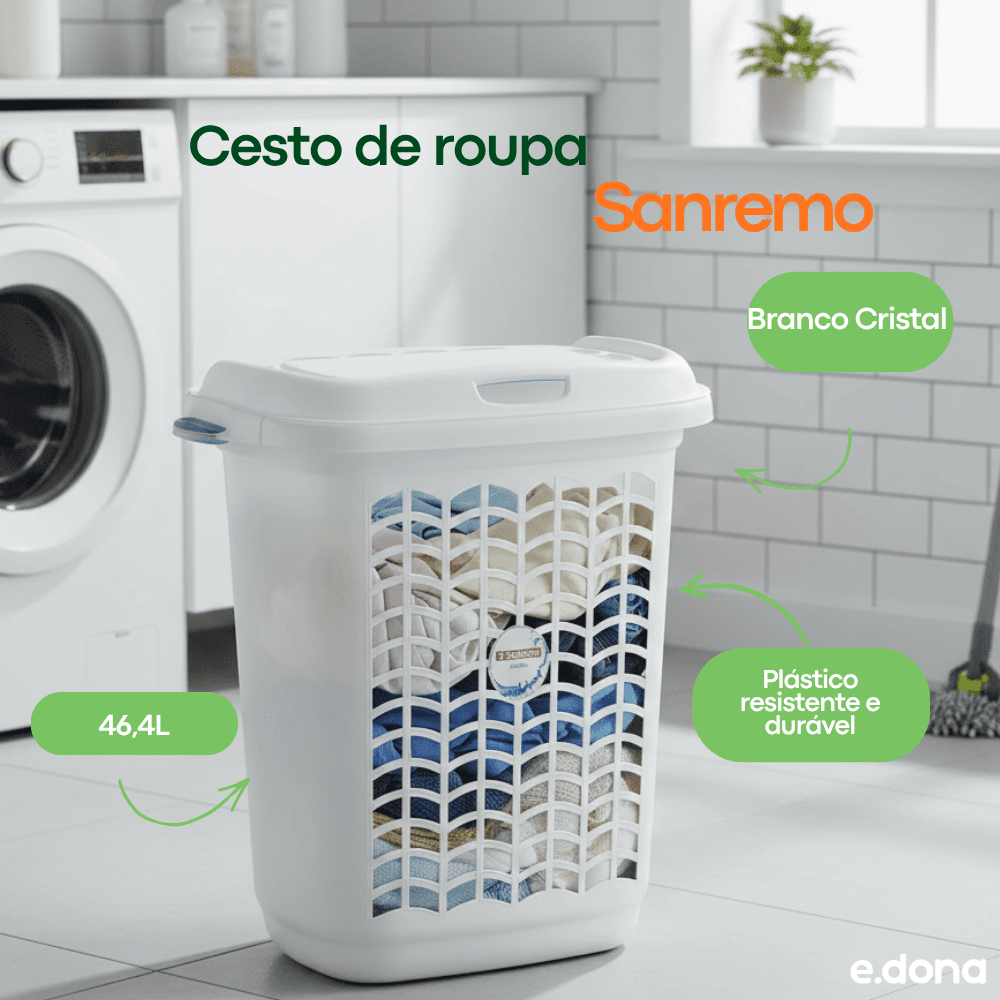 Cesto de roupa 46,4L Sanremo Branco Cristal - e - dona