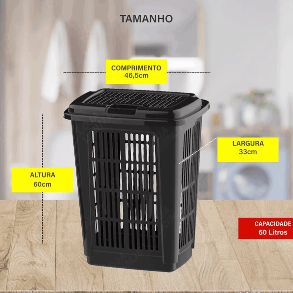 Cesto de Roupa Com Tampa 60 litros Preto Uninjet - e - dona