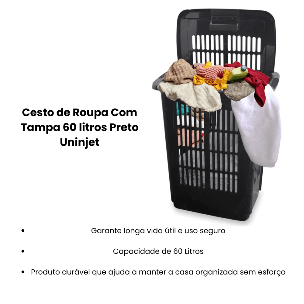 Cesto de Roupa Com Tampa 60 litros Preto Uninjet - e - dona