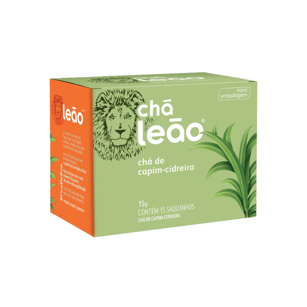 Caixa de chá Leão de Capim-Cidreira. A embalagem é predominantemente verde claro, com detalhes em laranja na lateral, e exibe a ilustração de um leão e a planta de Capim-Cidreira. A caixa indica 'nova embalagem', contém 15 saquinhos e tem 15g de peso líquido.