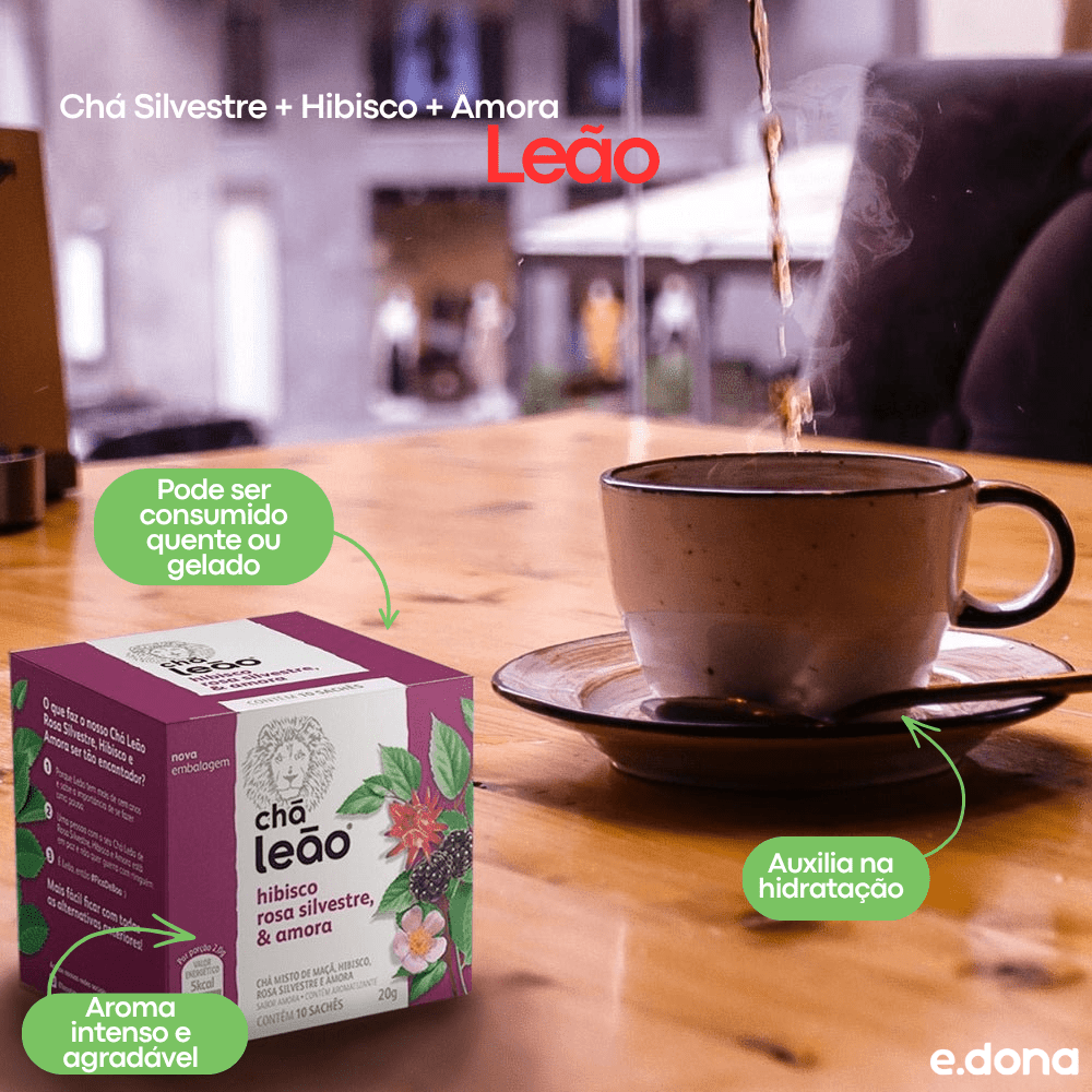 Chá Leão Silvestre + Hibisco + Amora com 10 sachês - e - dona