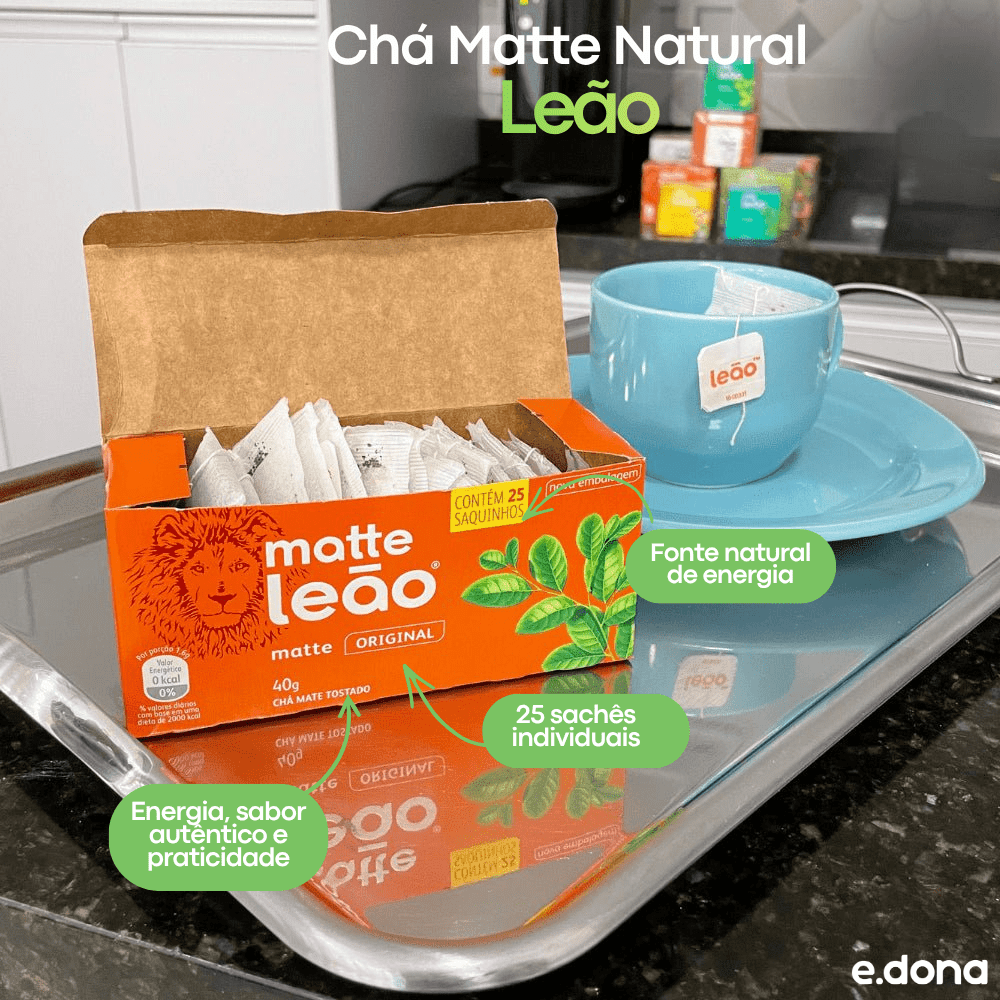 Chá Matte Leão Natural granel com 25 sachês - e - dona