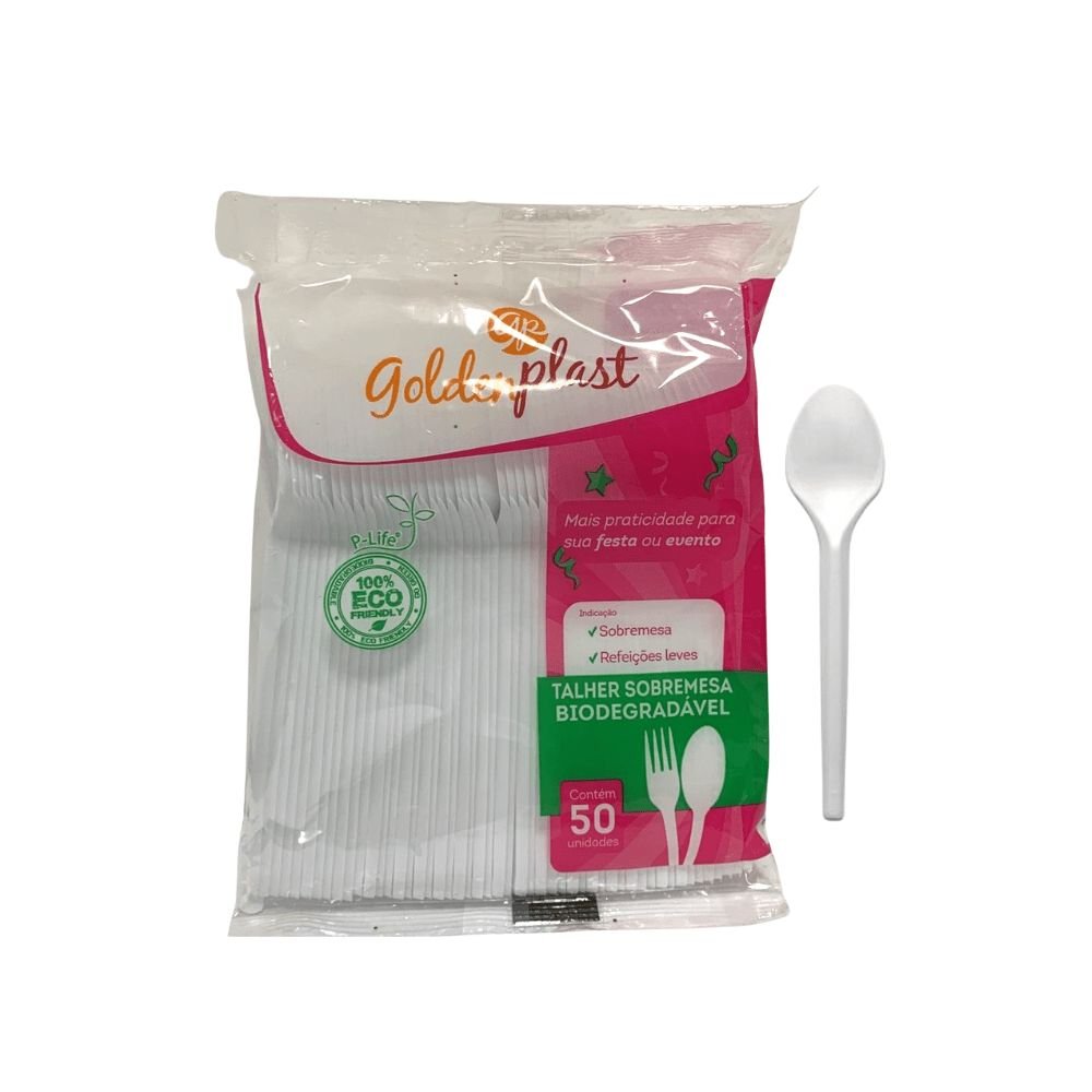 Colher para Sobremesa 12,2cm Branca Biodegradável Goldenplast com 50 unidades - e - dona