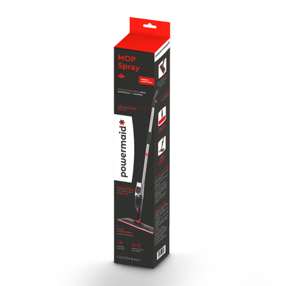 Caixa de cartão do produto "Mop Spray" da marca Powermaid nas cores preta e vermelha, exibindo fotos, instruções e especificações técnicas do produto.