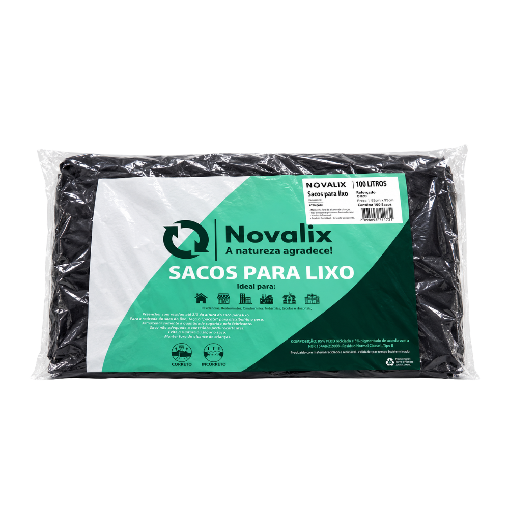 Saco para Lixo 100 Litros Preto Super Reforçado Novalix Ord 20 (92 cm x 95 cm)