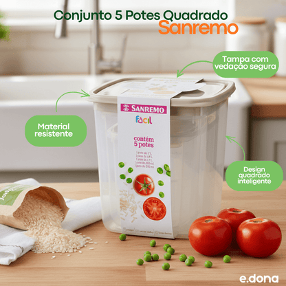 Conjunto 5 Potes Quadrado Sanremo - e - dona