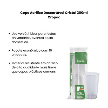 Copo Acrílico Descartável Cristal 300ml com 10 Unidades Cropac - e - dona