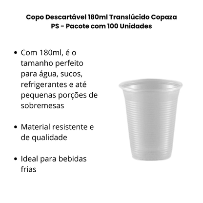 Copo Descartável 180ml Translúcido Copaza PS - Pacote com 100 Unidades - e - dona