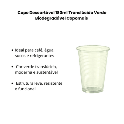 Copo Descartável 180ml Translúcido Verde Biodegradável Copomais – Caixa com 2.500 Unidades - e - dona