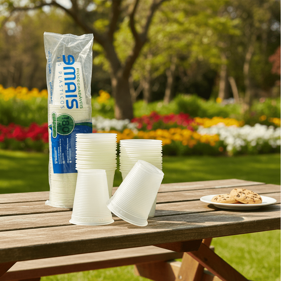 Copo Descartável 180ml Translúcido Verde Biodegradável Copomais – Caixa com 2.500 Unidades - e - dona