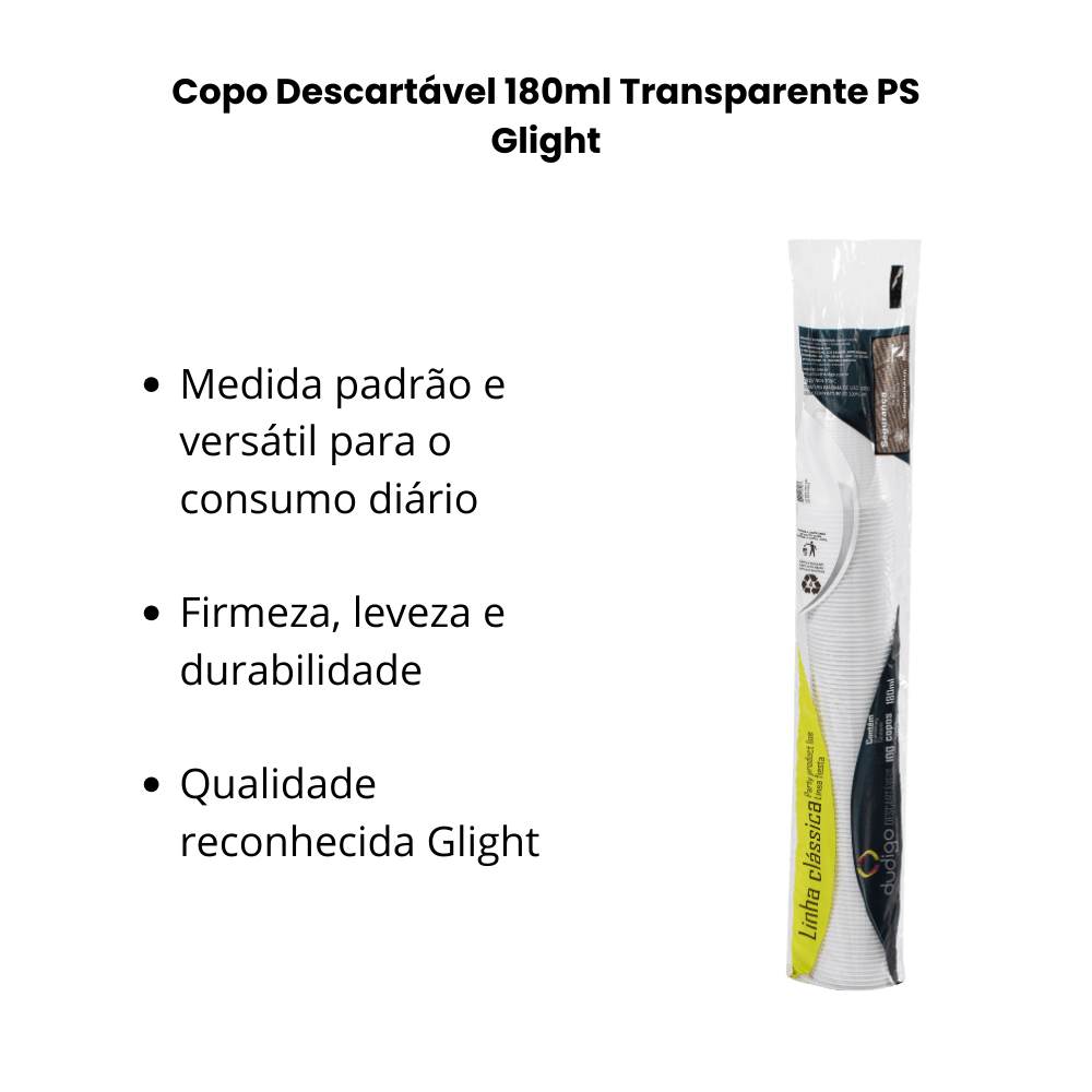 Copo Descartável 180ml Transparente PS Glight – Kit com 3 Pacotes (100 Unidades Cada) - e - dona