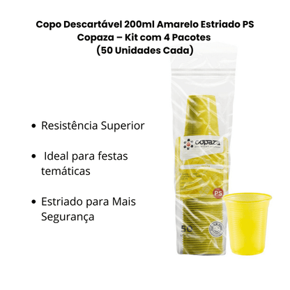 Copo Descartável 200ml Amarelo Estriado PS Copaza – Kit com 4 Pacotes (50 Unidades Cada) - e - dona