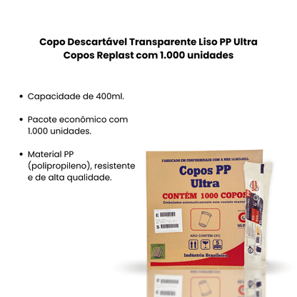 Copo Descartável 400ml Transparente Liso PP Ultra Copos Replast com 1.000 unidades - e - dona