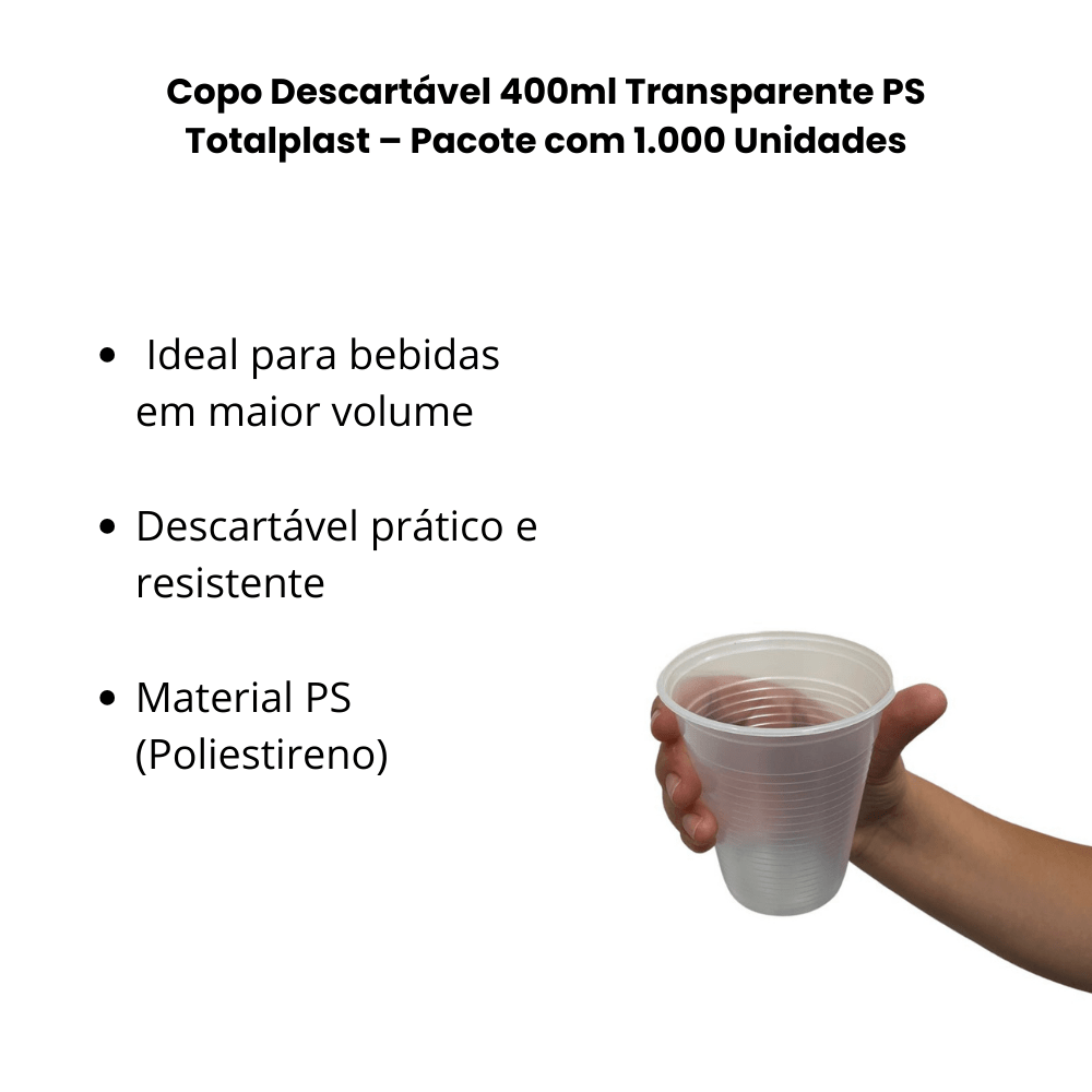 Copo Descartável 400ml Transparente PS Totalplast – Pacote com 1.000 Unidades - e - dona