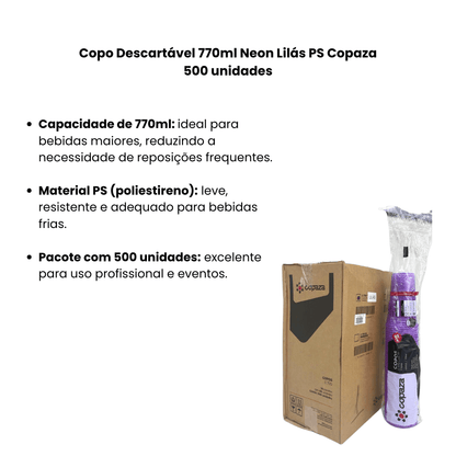 Copo Descartável 770ml Neon Lilás PS Copaza 500 unidades - e - dona