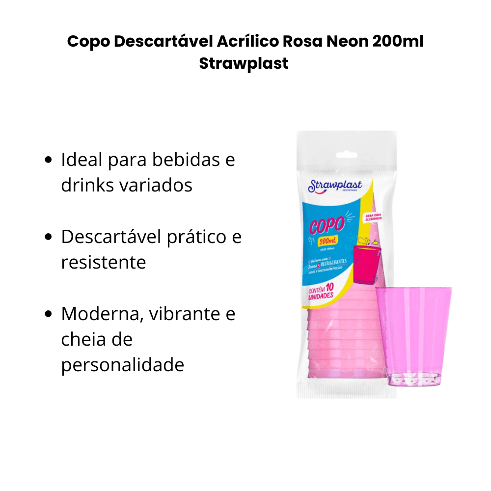 Copo Descartável Acrílico Rosa Neon 200ml Strawplast – Kit com 2 Pacotes (10 Unidades Cada) - e - dona