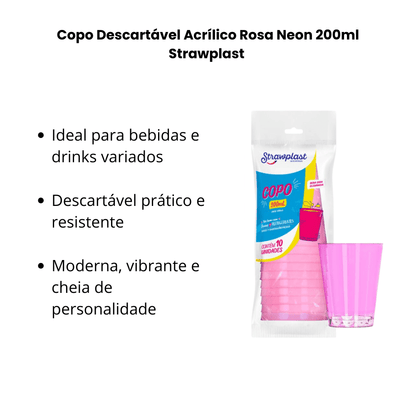 Copo Descartável Acrílico Rosa Neon 200ml Strawplast – Kit com 2 Pacotes (10 Unidades Cada) - e - dona