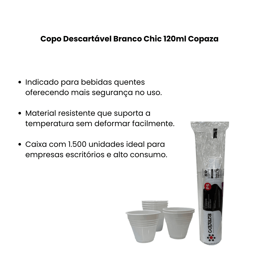 Copo Descartável Branco Chic 120ml com 1.500 unidades Copaza - e - dona