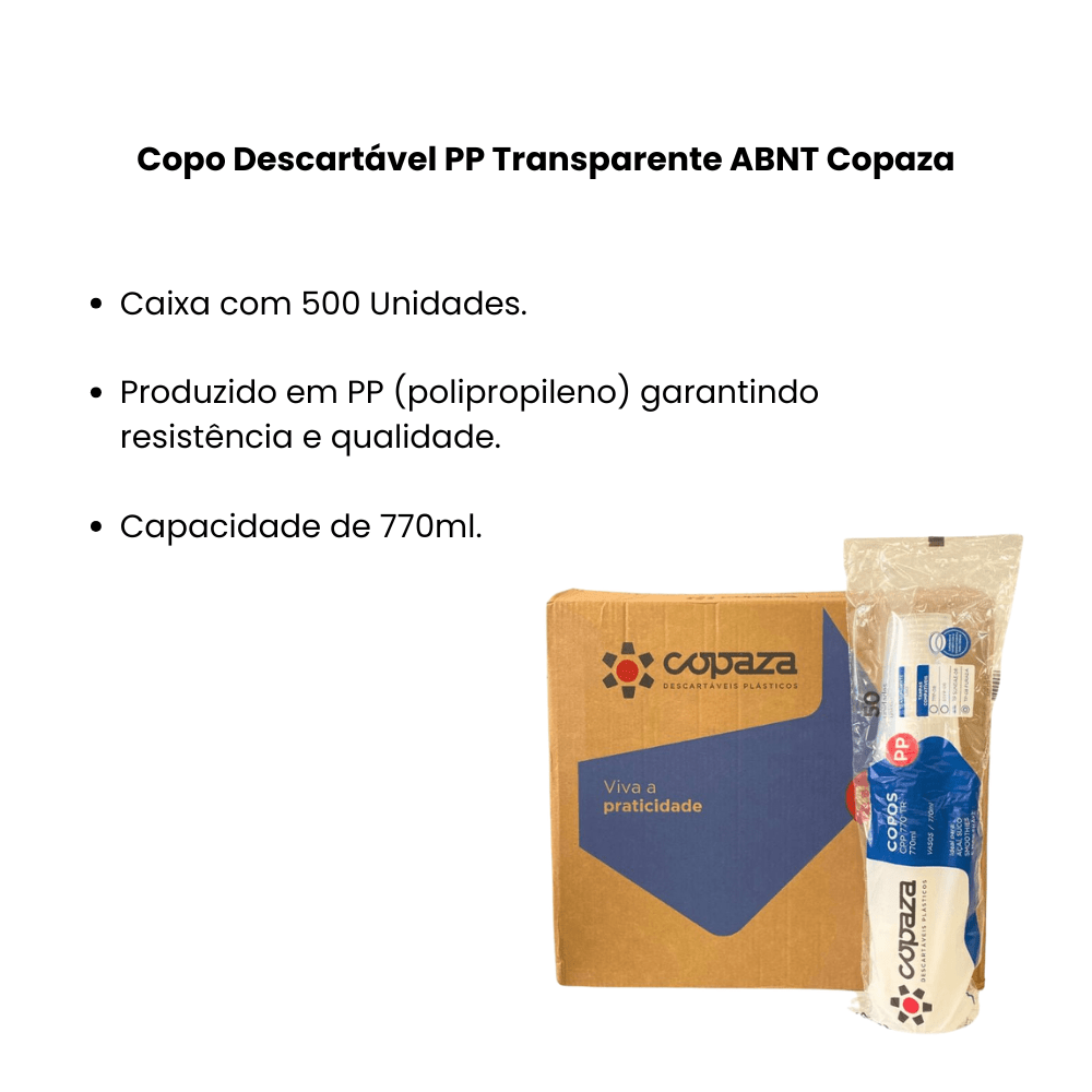 Copo Descartável PP Transparente 770ml ABNT Caixa com 500 Unidades Copaza - e - dona