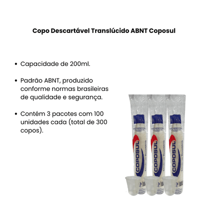 Copo Descartável Translúcido 200ml ABNT Kit 3 Pacotes com 100 Unidades Coposul - e - dona