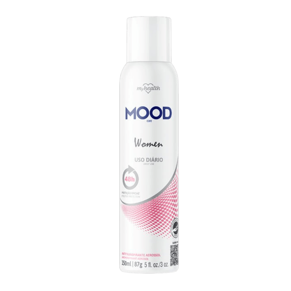 Frasco aerossol branco de desodorante antitranspirante Mood Care "Women". O rótulo apresenta a marca "MOOD" em azul e, abaixo, a inscrição "Women" (Mulheres) em cinza/rosa. O produto é indicado para "USO DIÁRIO" (Uso Diário) e promete "48h" de "PROTEÇÃO EFICAZ" (Proteção Eficaz). Na parte inferior, há um padrão de pontos em tons de rosa. O volume é indicado como "150ml / 87g".