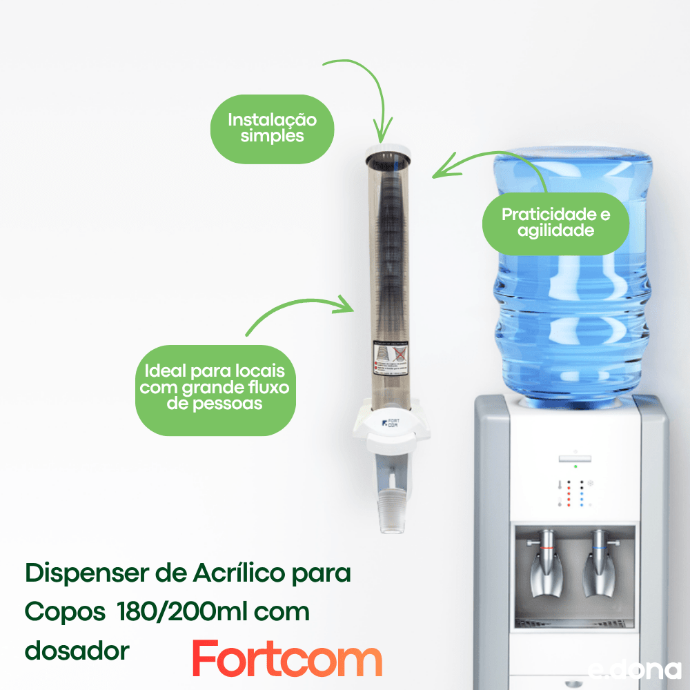 Dispenser de Acrílico para Copos 180/200ml com dosador Fortcom - e - dona
