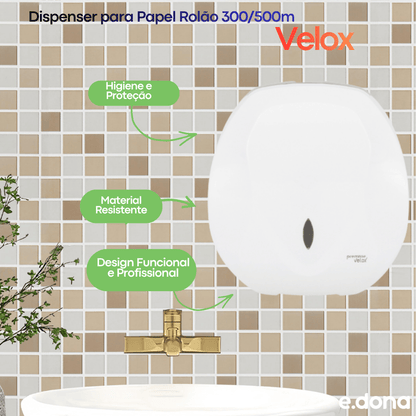 Dispenser para Papel Rolão 300/500m Velox Branco - e - dona
