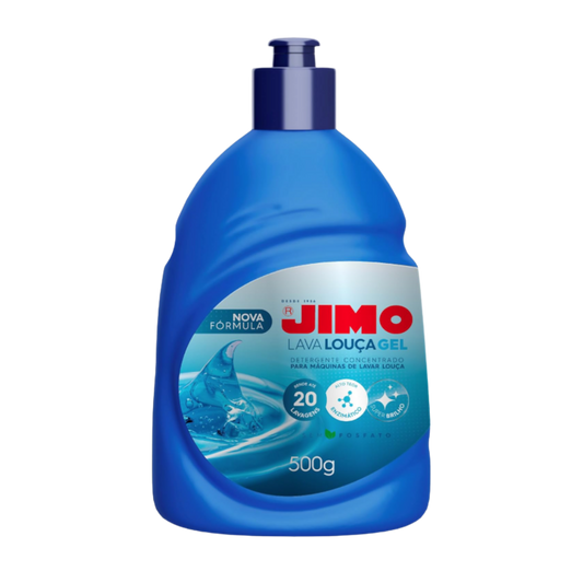 Frasco de Lava Louça Gel Jimo 500g, detergente concentrado para máquinas de lavar louças, com fórmula para até 20 lavagens.