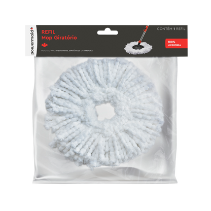 Refil de microfibra branca embalado num saco plástico transparente com encarte da marca Powermaid contendo o título "Refil Mop Giratório".