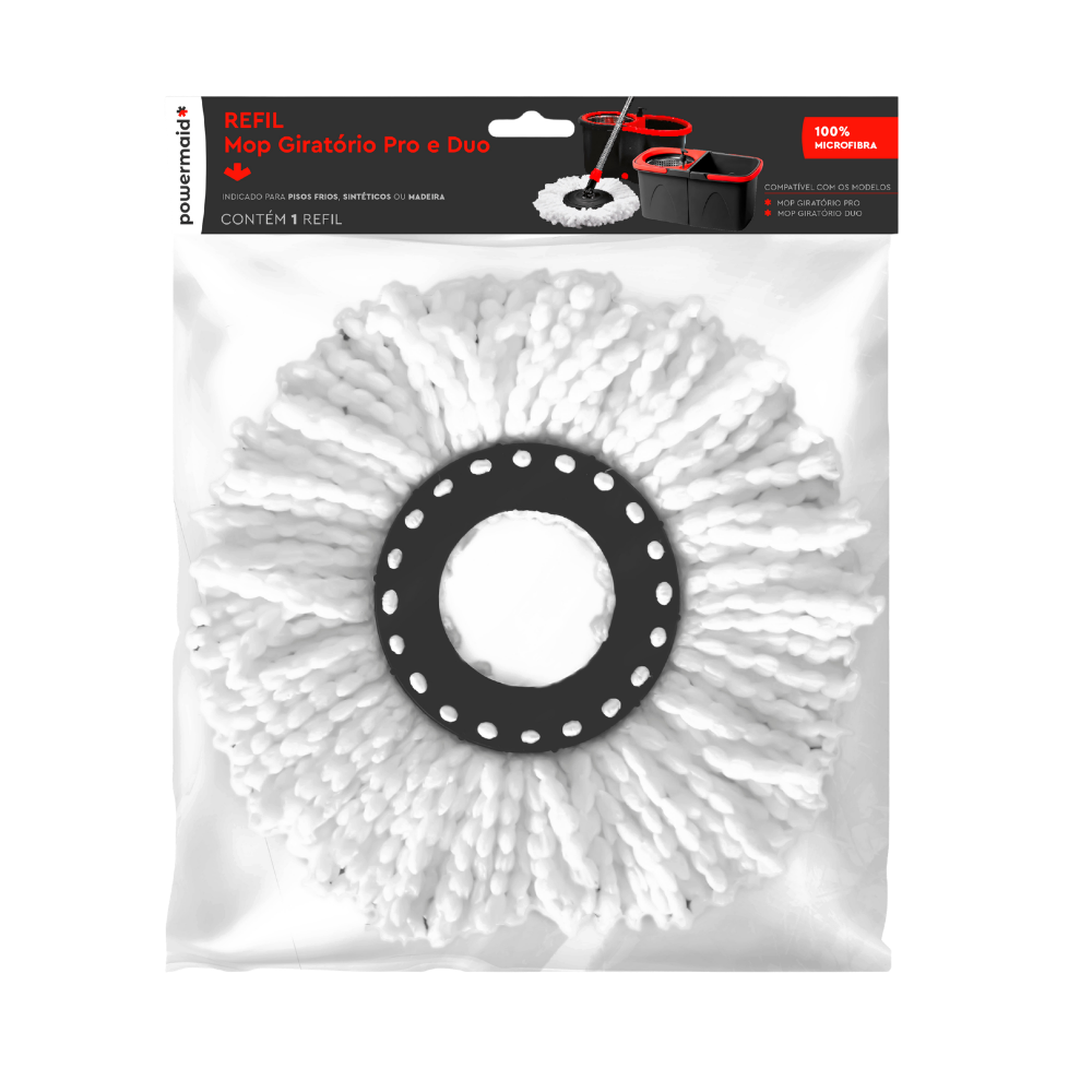 Refil de microfibra branca embalado em saco plástico transparente com topo preto e vermelho da marca Powermaid, indicando compatibilidade com os modelos "Mop Giratório Pro e Duo".